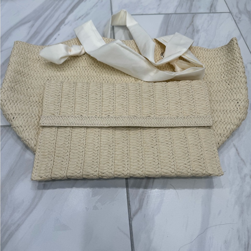 Straw Beach Tote and Clutch Set With Fabric Handle👝👜 - Picture 6 of 10